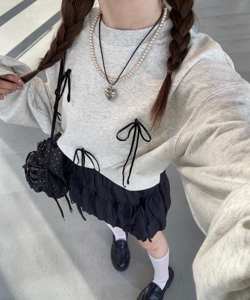 nemne store（ネンネストア）の「【Seoup】アソートリボン付きスウェット（スウェット・レディース・ブラック/ブラウン/オートミール/ブラック系その他/杢グレー/ホワイト系/ネイビー/ピンク系・SMALL/MEDIUM）」の6枚目の写真