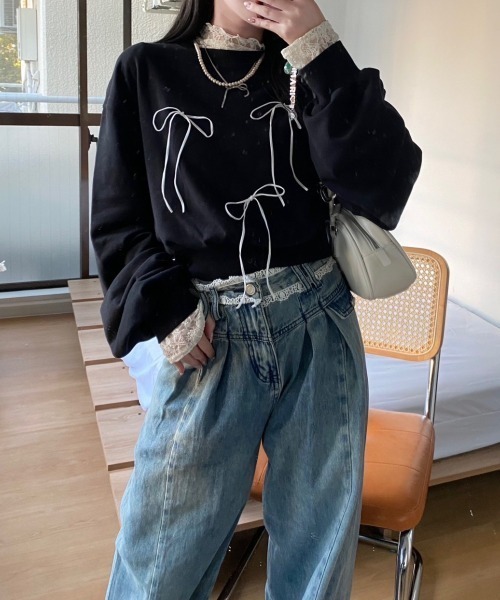 nemne store（ネンネストア）の「【Seoup】アソートリボン付きスウェット（スウェット・レディース・ブラック/ブラウン/オートミール/ブラック系その他/杢グレー/ホワイト系/ネイビー/ピンク系・SMALL/MEDIUM）」の3枚目の写真