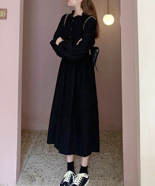 Amulet（アミュレット）の「フリルネックシャツワンピース（シャツワンピース・レディース・ブラック/ベージュ・XL/L/M）」の6枚目の写真