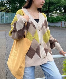 ◇ぽこぽこ配色 アーガイルオーバーサイズ ボアニットカーディガン