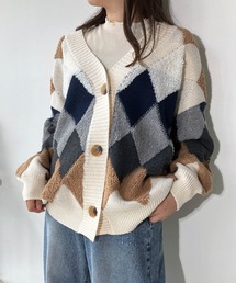 AS KNOW AS plus | ◇ぽこぽこ配色 アーガイルオーバーサイズ ボアニットカーディガン(カーディガン/ボレロ)