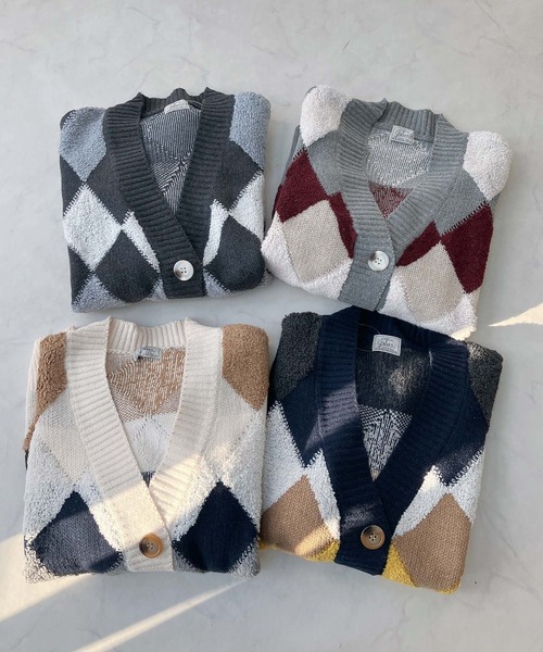 セール】◇ぽこぽこ配色 アーガイルオーバーサイズ ボアニット