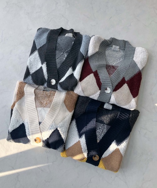 セール】◇ぽこぽこ配色 アーガイルオーバーサイズ ボアニット