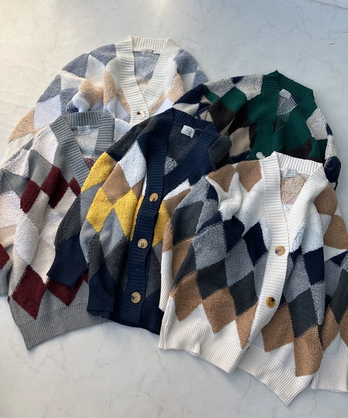 セール】◇ぽこぽこ配色 アーガイルオーバーサイズ ボアニット