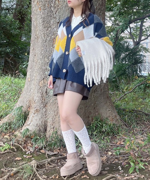 セール】◇ぽこぽこ配色 アーガイルオーバーサイズ ボアニット