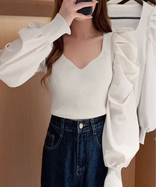 kirakiraShop(キラキラショップ)の「ボリューム ショルダー ドッキング ニット トップス(ニット/セーター・レディース・ブラック/ベージュ/ホワイト・FREE)」の4枚目の写真
