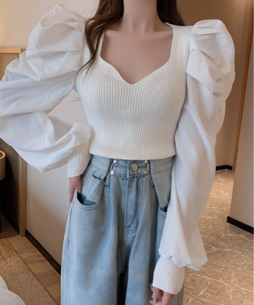 kirakiraShop(キラキラショップ)の「ボリューム ショルダー ドッキング ニット トップス(ニット/セーター・レディース・ブラック/ベージュ/ホワイト・FREE)」の5枚目の写真