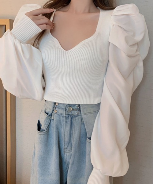 kirakiraShop(キラキラショップ)の「ボリューム ショルダー ドッキング ニット トップス(ニット/セーター・レディース・ブラック/ベージュ/ホワイト・FREE)」の6枚目の写真