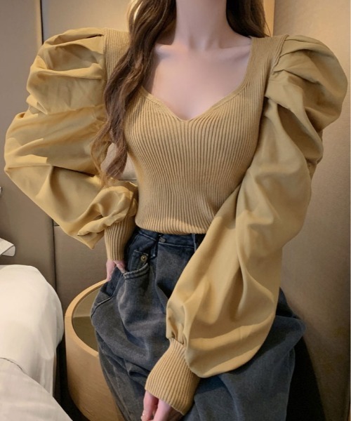 kirakiraShop(キラキラショップ)の「ボリューム ショルダー ドッキング ニット トップス(ニット/セーター・レディース・ブラック/ベージュ/ホワイト・FREE)」の8枚目の写真