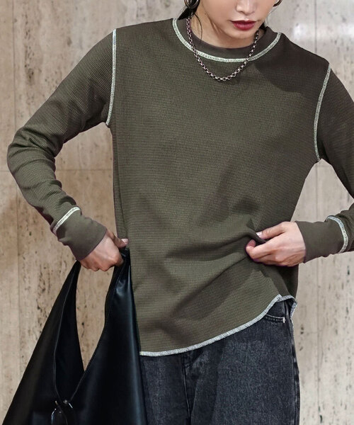 MIMIMEMETE（ミミメメット）の「ワッフルステッチ クルーネックプルオーバー（Tシャツ/カットソー・レディース・アイボリー/カーキ/杢グレー/ネイビー・M）」の4枚目の写真