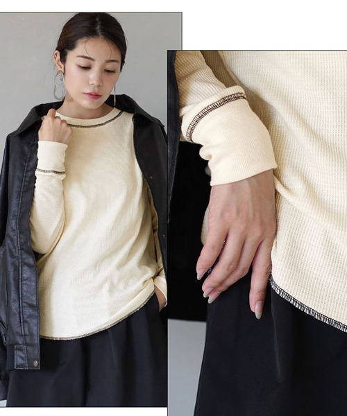 MIMIMEMETE（ミミメメット）の「ワッフルステッチ クルーネックプルオーバー（Tシャツ/カットソー・レディース・アイボリー/カーキ/杢グレー/ネイビー・M）」の5枚目の写真