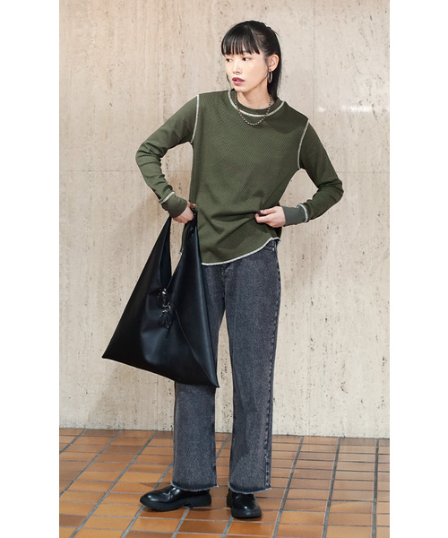 MIMIMEMETE（ミミメメット）の「ワッフルステッチ クルーネックプルオーバー（Tシャツ/カットソー・レディース・アイボリー/カーキ/杢グレー/ネイビー・M）」の6枚目の写真