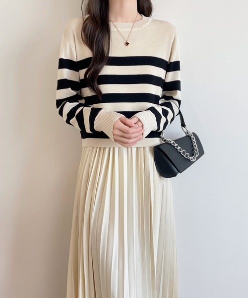 バックリボンボーダーニット＆ノースリーブプリーツワンピース２点セット（ワンピース）｜ECLIN（エクラン）