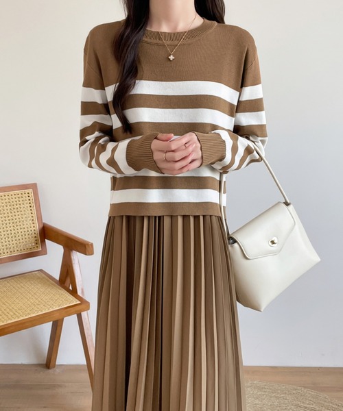 バックリボンボーダーニット＆ノースリーブプリーツワンピース２点セット（ワンピース）｜ECLIN（エクラン）