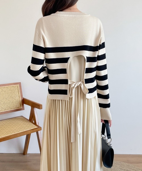 バックリボンボーダーニット＆ノースリーブプリーツワンピース２点セット（ワンピース）｜ECLIN（エクラン）