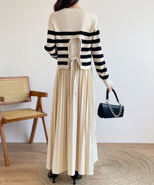 バックリボンボーダーニット＆ノースリーブプリーツワンピース２点セット（ワンピース）｜ECLIN（エクラン）