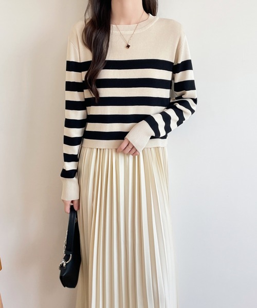 バックリボンボーダーニット＆ノースリーブプリーツワンピース２点セット（ワンピース）｜ECLIN（エクラン）