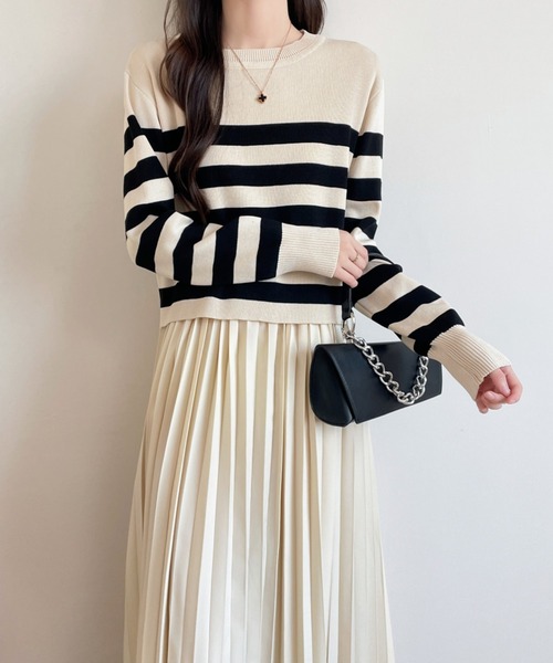 バックリボンボーダーニット＆ノースリーブプリーツワンピース２点セット（ワンピース）｜ECLIN（エクラン）