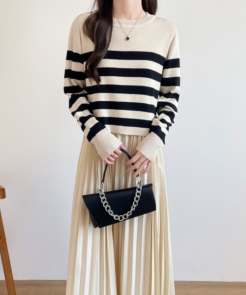 バックリボンボーダーニット＆ノースリーブプリーツワンピース２点セット（ワンピース）｜ECLIN（エクラン）