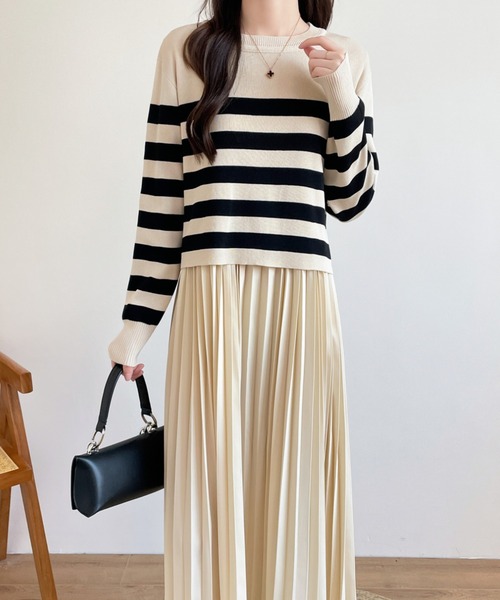 バックリボンボーダーニット＆ノースリーブプリーツワンピース２点セット（ワンピース）｜ECLIN（エクラン）