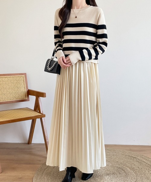 バックリボンボーダーニット＆ノースリーブプリーツワンピース２点セット（ワンピース）｜ECLIN（エクラン）