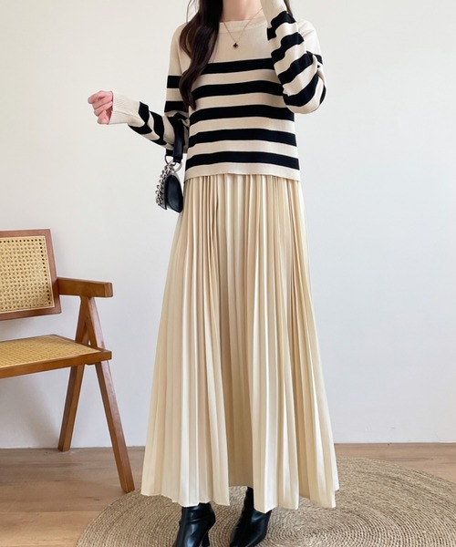 バックリボンボーダーニット＆ノースリーブプリーツワンピース２点セット（ワンピース）｜ECLIN（エクラン）