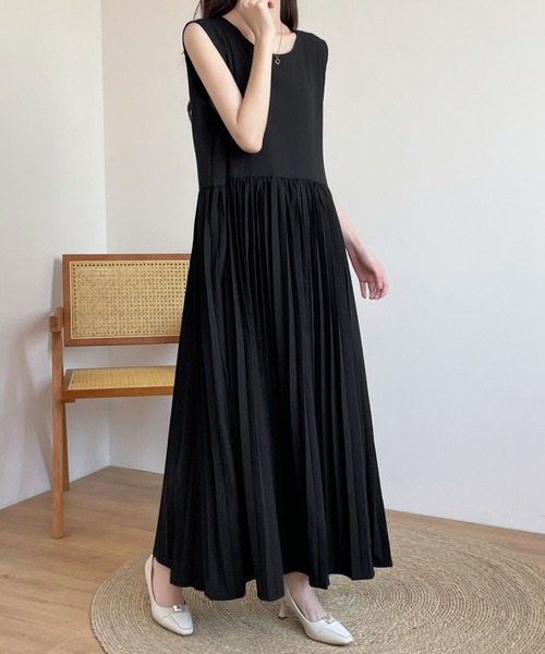 バックリボンボーダーニット＆ノースリーブプリーツワンピース２点セット（ワンピース）｜ECLIN（エクラン）