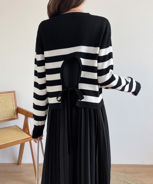 バックリボンボーダーニット＆ノースリーブプリーツワンピース２点セット（ワンピース）｜ECLIN（エクラン）