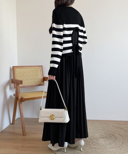 バックリボンボーダーニット＆ノースリーブプリーツワンピース２点セット（ワンピース）｜ECLIN（エクラン）