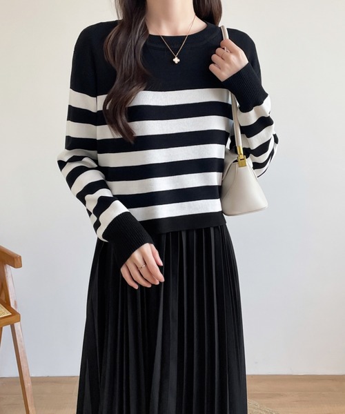 バックリボンボーダーニット＆ノースリーブプリーツワンピース２点セット（ワンピース）｜ECLIN（エクラン）