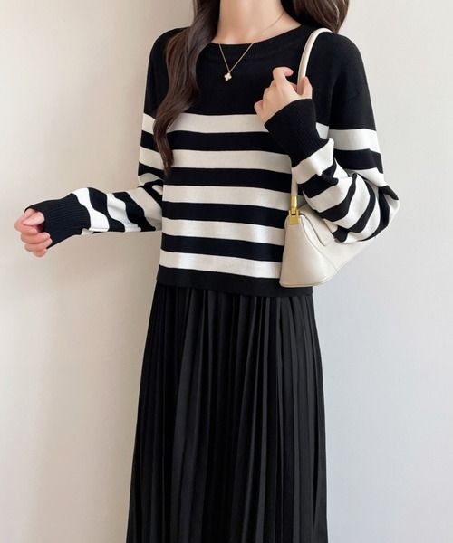 バックリボンボーダーニット＆ノースリーブプリーツワンピース２点セット（ワンピース）｜ECLIN（エクラン）