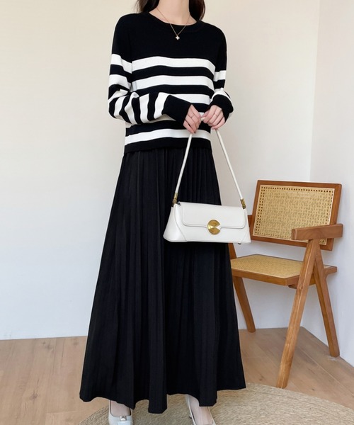 バックリボンボーダーニット＆ノースリーブプリーツワンピース２点セット（ワンピース）｜ECLIN（エクラン）