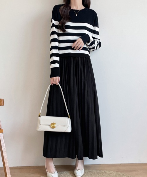 バックリボンボーダーニット＆ノースリーブプリーツワンピース２点セット（ワンピース）｜ECLIN（エクラン）