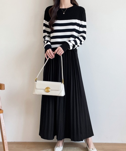 バックリボンボーダーニット＆ノースリーブプリーツワンピース２点セット（ワンピース）｜ECLIN（エクラン）