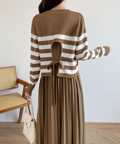 バックリボンボーダーニット＆ノースリーブプリーツワンピース２点セット（ワンピース）｜ECLIN（エクラン）