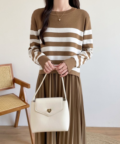 バックリボンボーダーニット＆ノースリーブプリーツワンピース２点セット（ワンピース）｜ECLIN（エクラン）