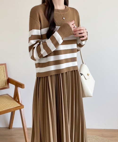 バックリボンボーダーニット＆ノースリーブプリーツワンピース２点セット（ワンピース）｜ECLIN（エクラン）