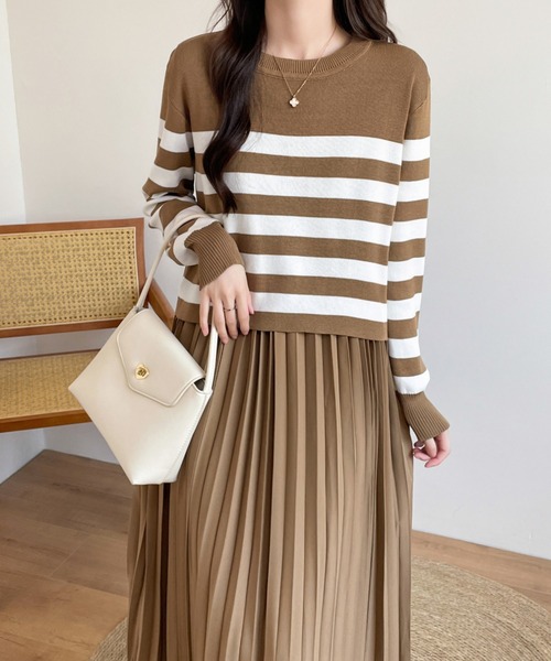 バックリボンボーダーニット＆ノースリーブプリーツワンピース２点セット（ワンピース）｜ECLIN（エクラン）