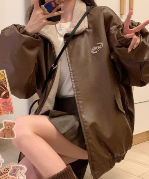 リバーシブルレザーボアジャケット　ブラック リバーシブル ブルゾン ブラック レザージャケット レザー