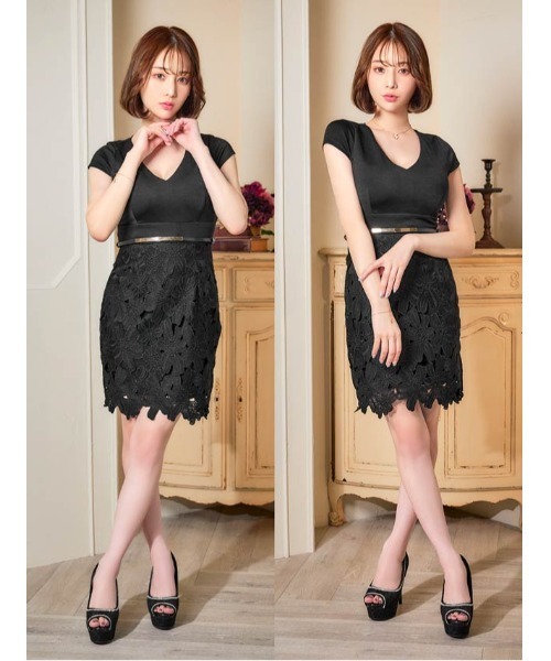 DAZZY(デイジー)の「Vネックフラワー刺繍メタリックベルト付きタイトミニドレス(ドレス・レディース・ブラック・L/S/M)」の9枚目の写真