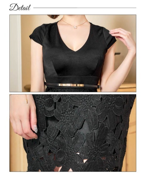 DAZZY(デイジー)の「Vネックフラワー刺繍メタリックベルト付きタイトミニドレス(ドレス・レディース・ブラック・L/S/M)」の3枚目の写真