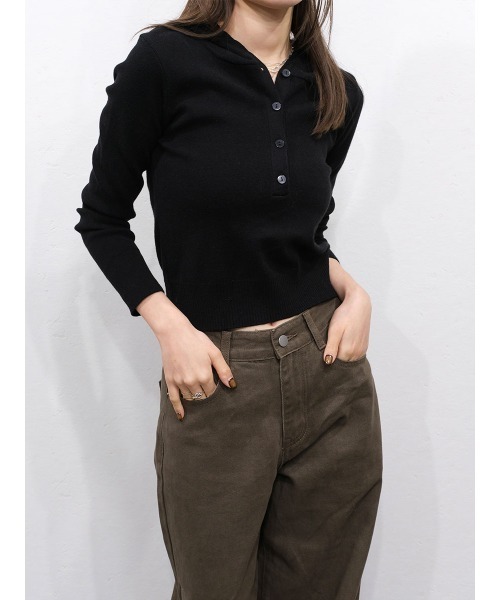 Reurie'(レウリィ)の「クロップドフーディーニット/cropped hoodie knit 長袖 フード付き プルオーバー カジュアル 韓国 Y2K ストリート シンプル アイボリー 白 ブラック 黒 モノトーン(Tシャツ/カットソー・レディース・ブラック/アイボリー・FREE)」の6枚目の写真