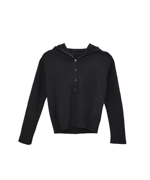 Reurie'(レウリィ)の「クロップドフーディーニット/cropped hoodie knit 長袖 フード付き プルオーバー カジュアル 韓国 Y2K ストリート シンプル アイボリー 白 ブラック 黒 モノトーン(Tシャツ/カットソー・レディース・ブラック/アイボリー・FREE)」の8枚目の写真