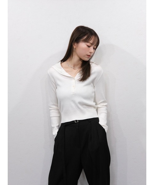 Reurie'(レウリィ)の「クロップドフーディーニット/cropped hoodie knit 長袖 フード付き プルオーバー カジュアル 韓国 Y2K ストリート シンプル アイボリー 白 ブラック 黒 モノトーン(Tシャツ/カットソー・レディース・ブラック/アイボリー・FREE)」の9枚目の写真