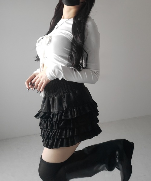 me+em select(ミームセレクト)の「※※【 3color /インナーパンツ裏地付 】ハイウエストシャーリングフリルミニスカート / high waist shirring frill mini skirt(スカート・レディース・ブラック/ベージュ・FREE)」の16枚目の写真