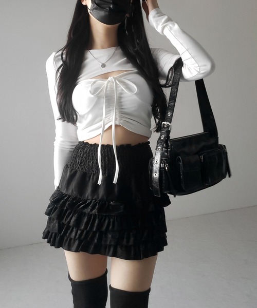 me+em select(ミームセレクト)の「※※【 3color /インナーパンツ裏地付 】ハイウエストシャーリングフリルミニスカート / high waist shirring frill mini skirt(スカート・レディース・ブラック/ベージュ・FREE)」の18枚目の写真