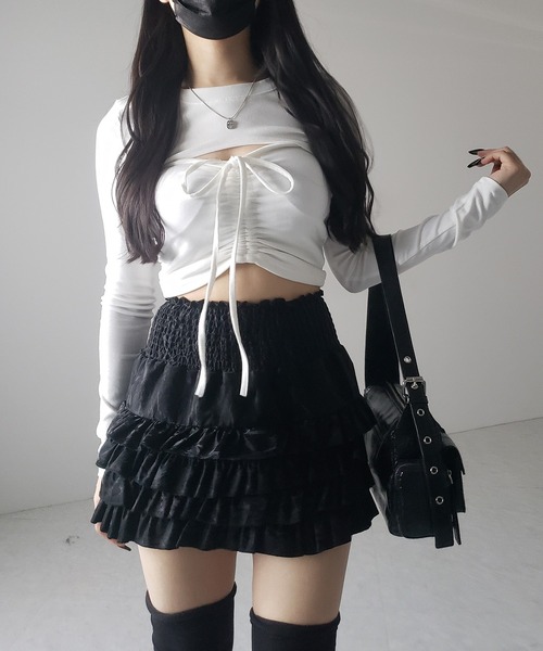 me+em select(ミームセレクト)の「※※【 3color /インナーパンツ裏地付 】ハイウエストシャーリングフリルミニスカート / high waist shirring frill mini skirt(スカート・レディース・ブラック/ベージュ・FREE)」の19枚目の写真