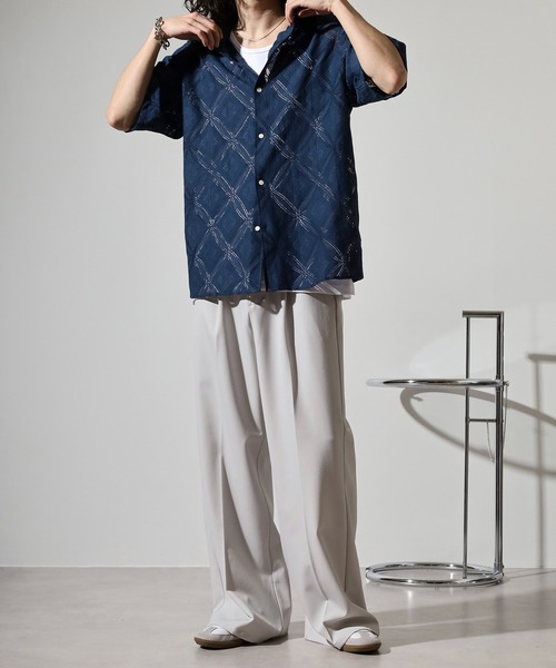 ZAFUL ケーブルテクスチャード 半袖 シャツ【送料込み】 セール】Lace pattern short sleeve shirt / 透かし柄半袖シャツ