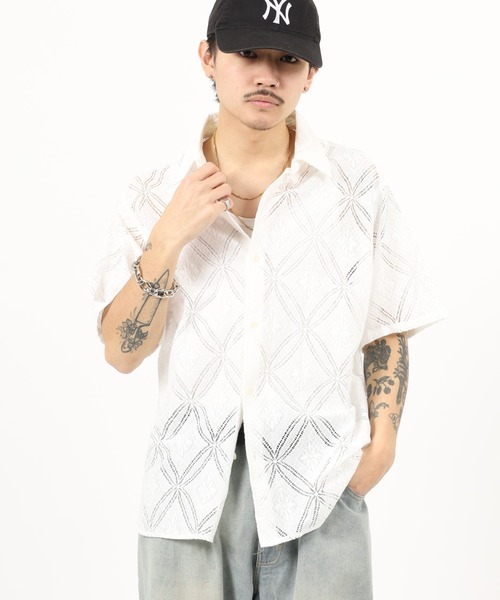 Jungle Storm（ジャングルストーム）の「Lace pattern short sleeve shirt / 透かし柄半袖シャツ unisex（シャツ/ブラウス・メンズ・オフホワイト/ブラック/ネイビー・M/L）」の12枚目の写真