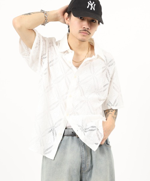 Jungle Storm(ジャングルストーム)の「Lace pattern short sleeve shirt / 透かし柄半袖シャツ unisex(シャツ/ブラウス・メンズ・オフホワイト/ブラック/ネイビー・M/L)」の11枚目の写真